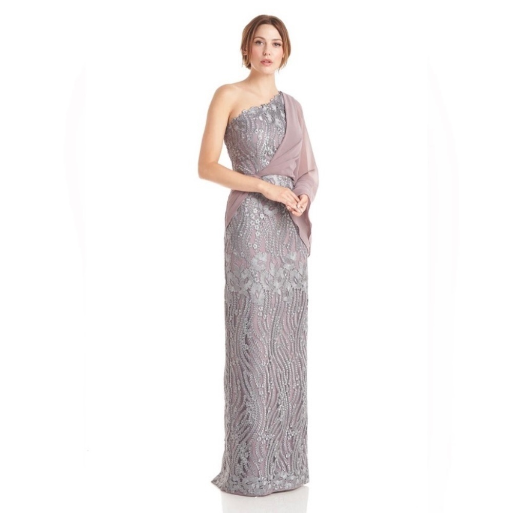 JS Collections Amari One-Shoulder Twist Embroidered Lace Overlay Gown in Steel - Picture 5 of 8